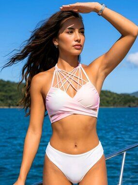 PINK Victoria’s Secret ✦ Pastel Strappy Halter Bikini Top & White Bottoms Size S